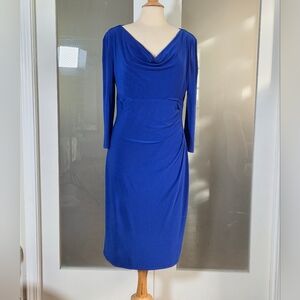 Anne Klein Cobalt Blue Long Sleeve Dress with draped neckline